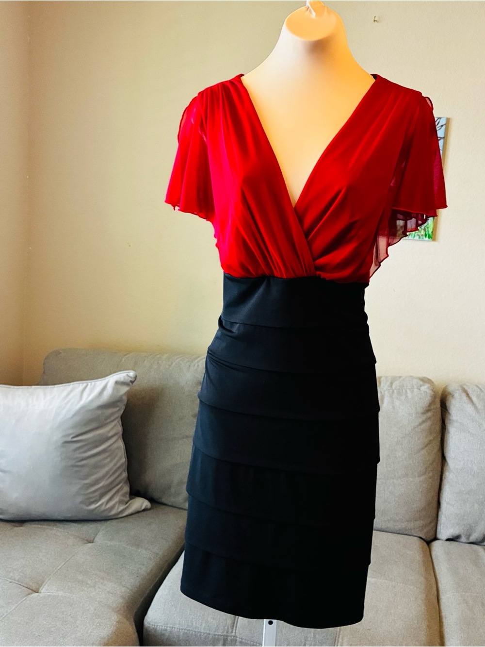 Enfocus Studio Red V-Neck Layered Black Midi Dress